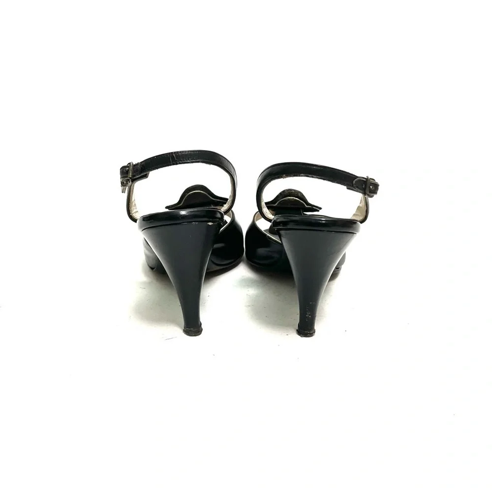 Vintage 1940s black leather peep toe rhinestone slingback heels